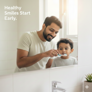 Parent helping child brush teeth for healthy child dental health
