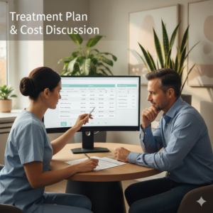 Smile makeover cost discussion with dentist in Valasaravakkam